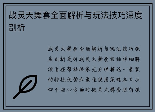 战灵天舞套全面解析与玩法技巧深度剖析